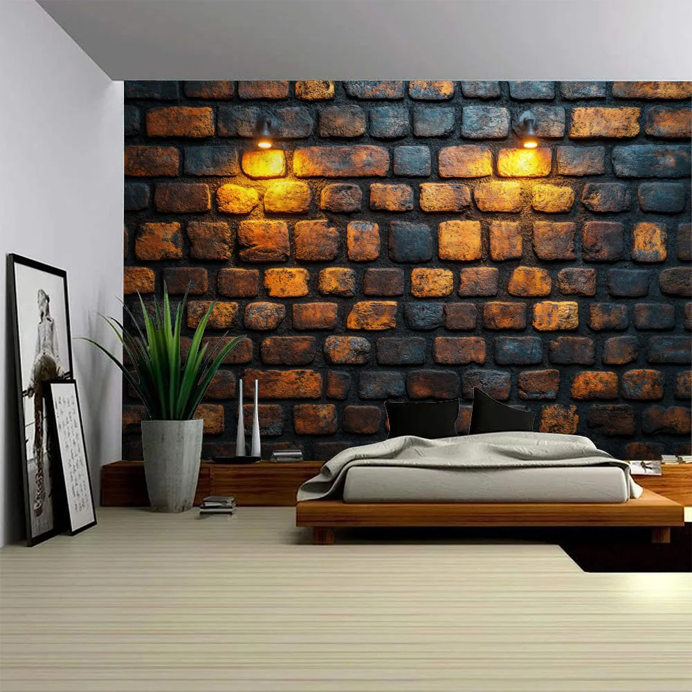 Retro Illuminated Brick Wall Tapestry Light-Up Bedroom Art Home Wall Hanging Blanket Background Bed Sheet for Bedroom Decor