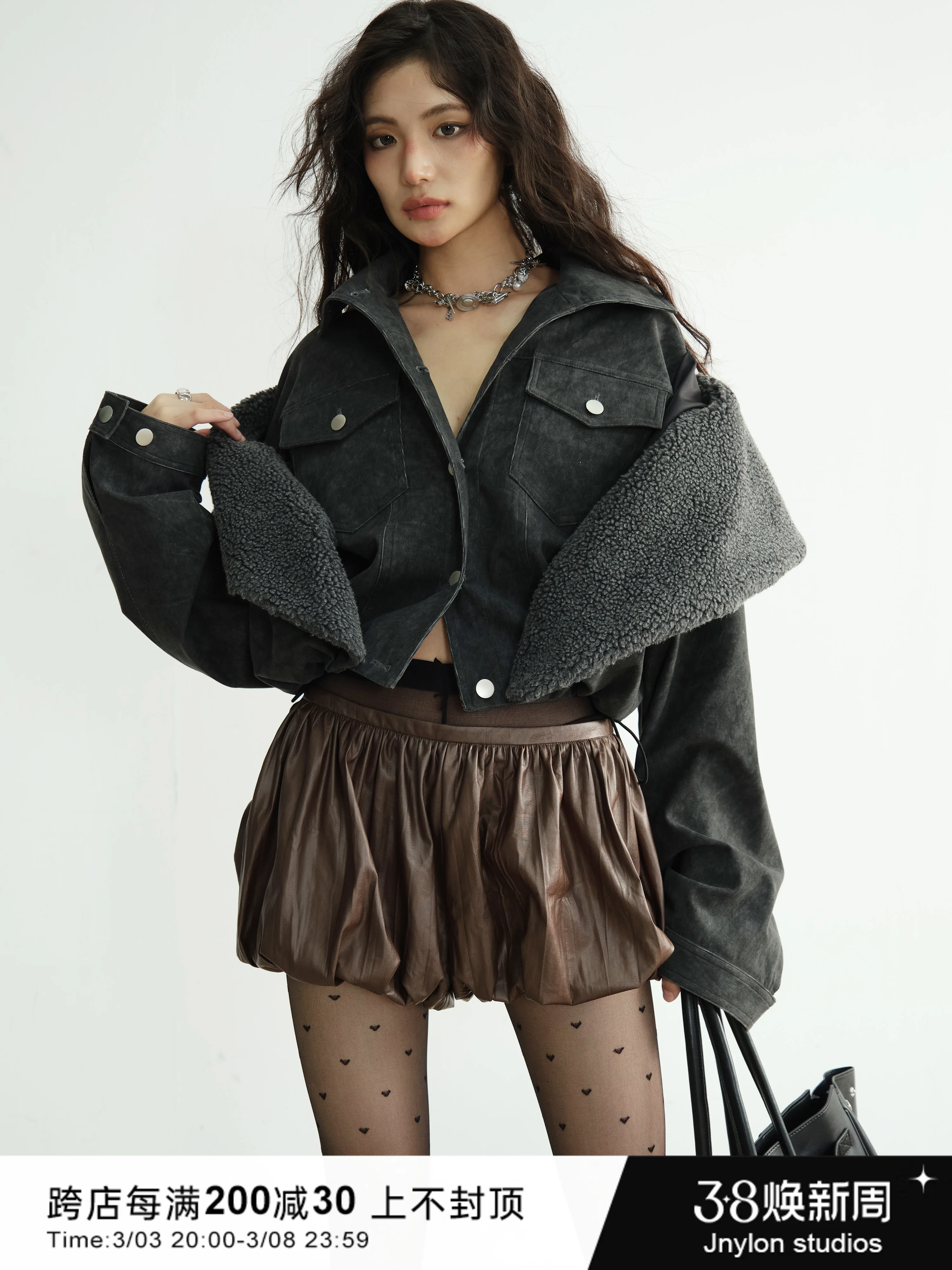 

Women Gothic Punk Rock Grey Black Outer Jacket Subculture Dirty Tye-dye Faux Two Pieces Design Short Jacket Streetwear
