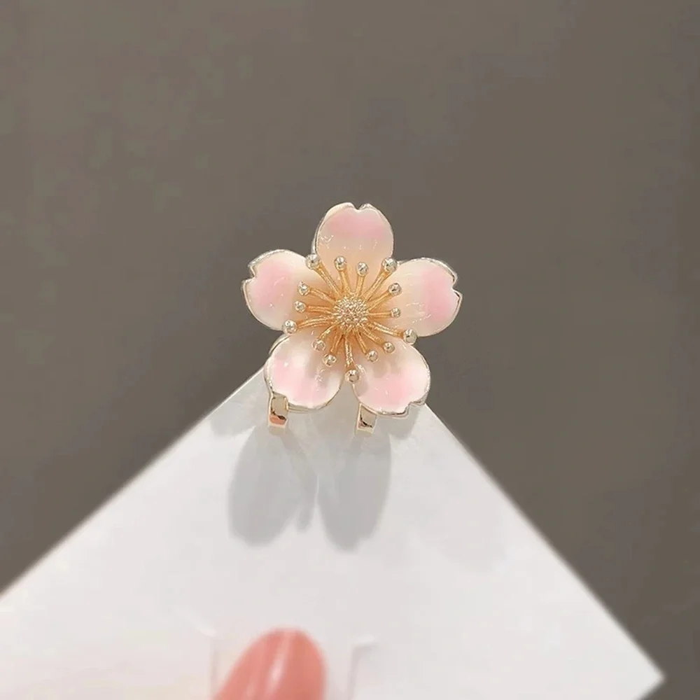 Gold Tone Alloy Floral Inspired Mini Claw Clip Enamel Pink Petals Rhinestone Accents Hair Accessory For Women Girls view 4