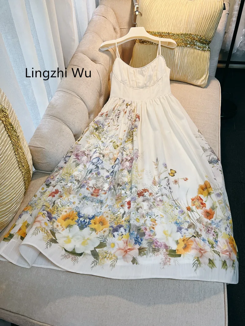 

Lingzhi Wu Long Dress French Design Oil-Painting Garden Fish Bone Waist Strapless Spaghetti Strap Vestidos Ladies Holiday