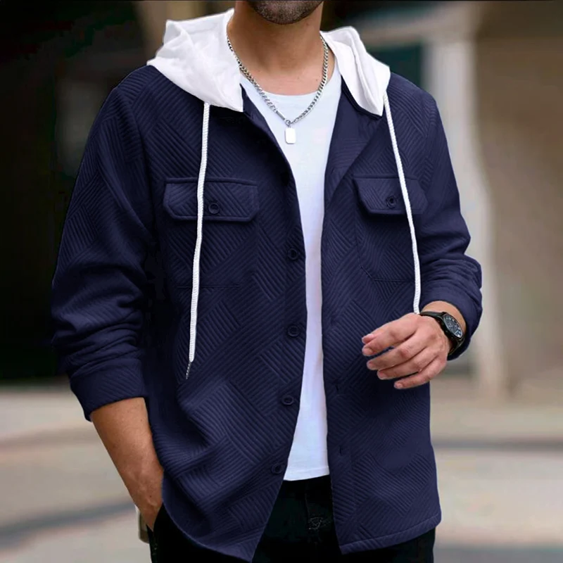 

Men's Single Breasted Hooded Cardigan Autumn Contrast Color Long Sleeve Jacket Fashion Pocket Jacquard Loose Cardigan Jackets