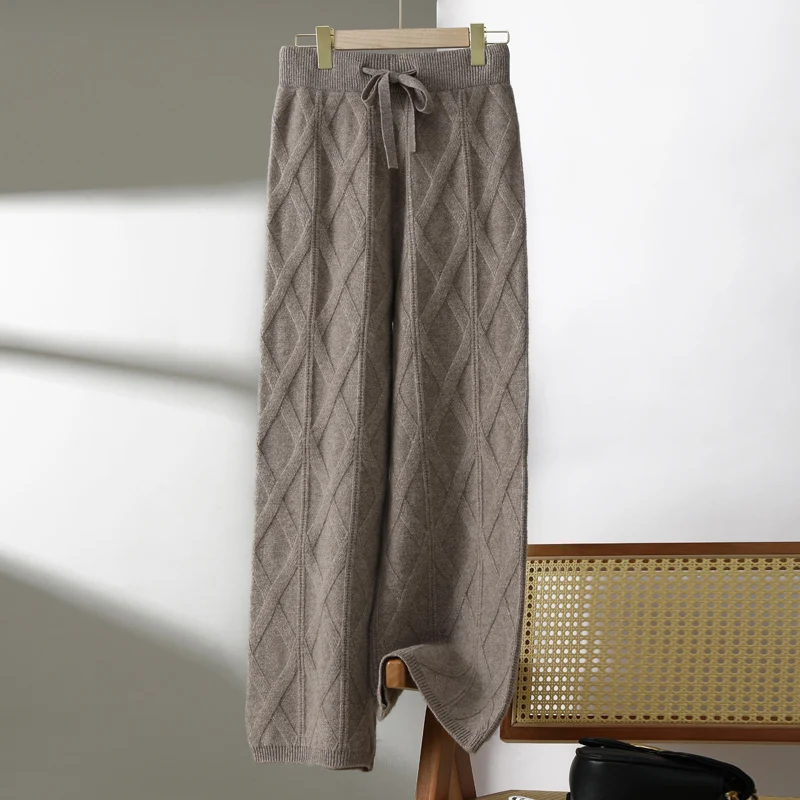 

100% merino wool women's knitted trousers, diamond pattern, warm, thickened, wide-leg pants, 2024 autumn and winter new style