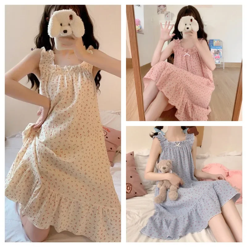 Women Ins-style Small Floral New Spaghetti Strap Pajamas Loose Woman Nightdress Homewear Girls Students Casual Loungewear Lady