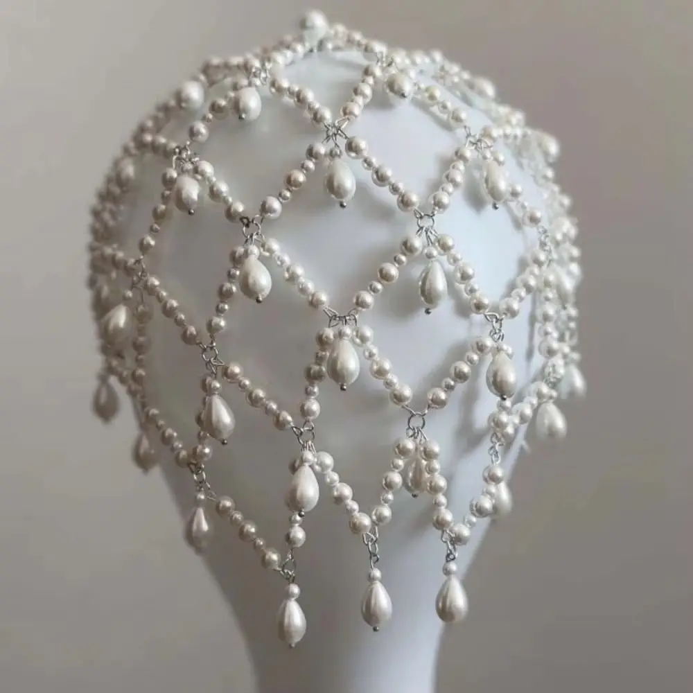 

Bar Mitzvah Crown Grid Hair Band Net Shape Hair Hoop Pearl Princess Hair Band Rhinestone Hair Accessories Bride Tiaras