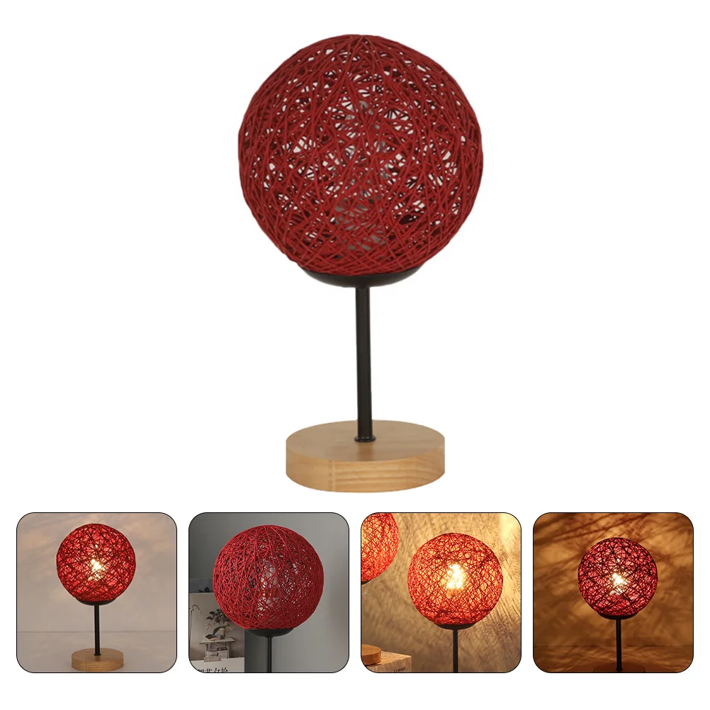 

1pc Bedroom Night Light Simple Wooden Base Table Lamp Red Durable Rattan Woven Design Long Lasting Glow Decorative Bedside Lamp