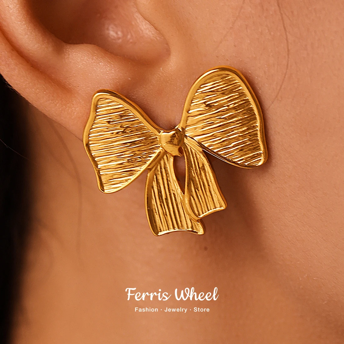 

Chic Bowknot Cute Earrings for Women Waterproof Stainless Steel Gold Plated Texture Ear Stud Charm Female Jewelry Wholesale