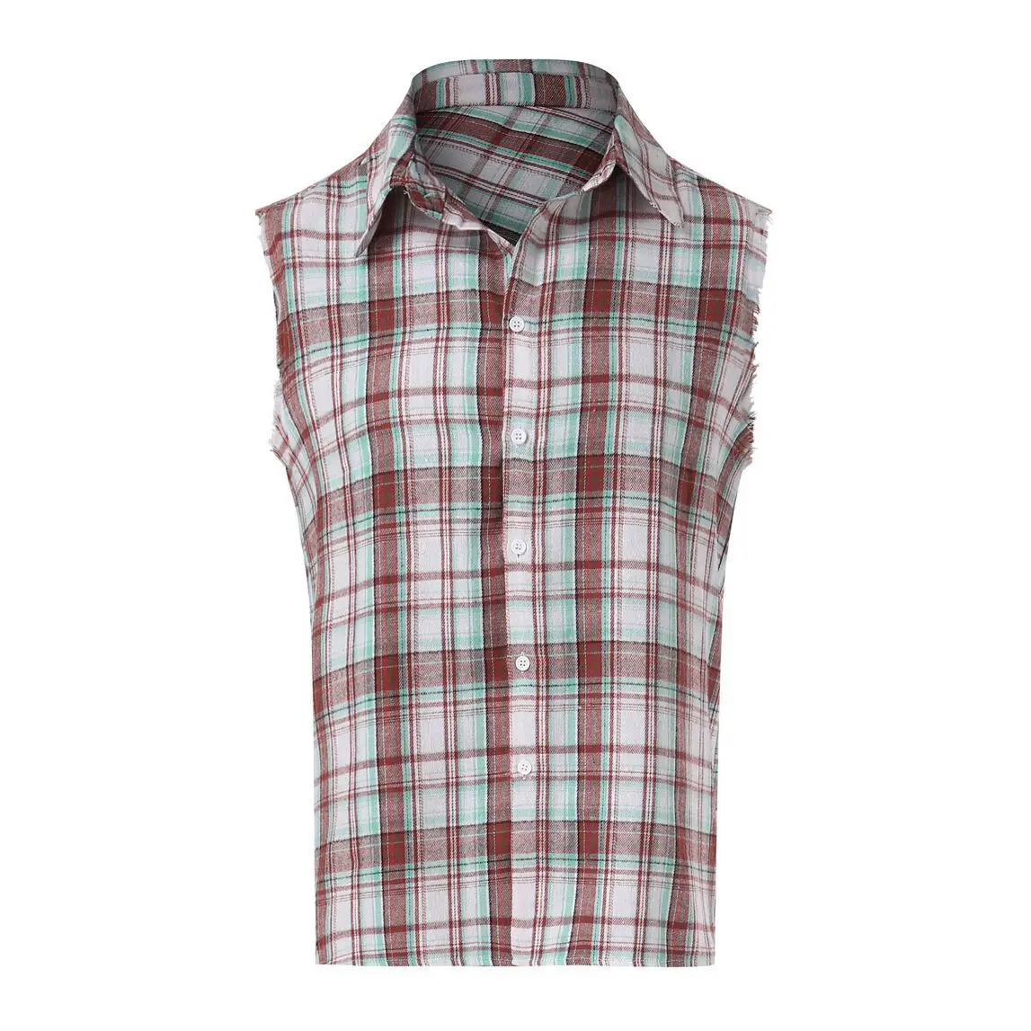 New Men's Plaid Shirt Sleeveless Lapel Fashion Button Cardigan Top Street Personality Trend Versatile Blouses