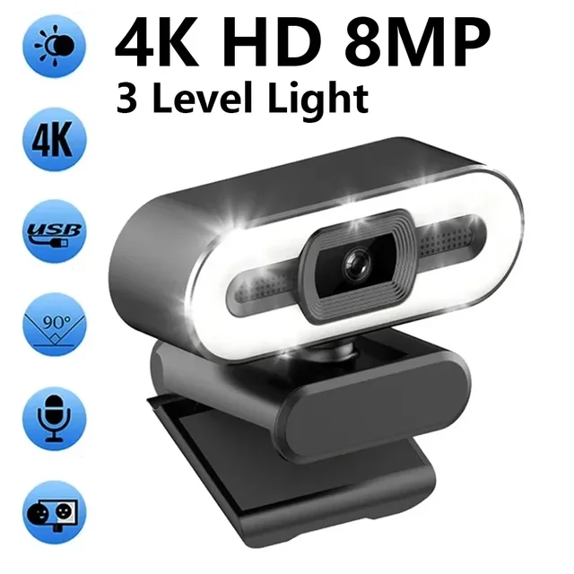 Przenośna kamera internetowa Full HD 1080P 2K 4K PC Laptop kamera internetowa z automatycznym ustawianiem ostrości transmisja na żywo elastyczna z mikrofonem transmisja na żywo ze światłem