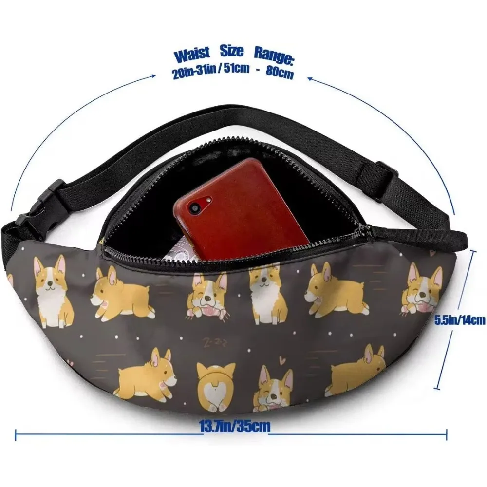 Fanny Pack Kawaii Corgi Cute Dog Waist Bag with Headphone Hole Belt Bag Adjustable Sling Pocket Fashion Hip Bum Bag for Outdoors