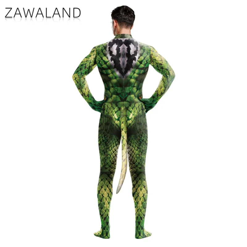 Zawaland Snake Costume with Tail Halloween Cosplay Petsuit for Man Crotch Zipper Carnival Catsuit Holiday Zentai Bodysuit Outfit