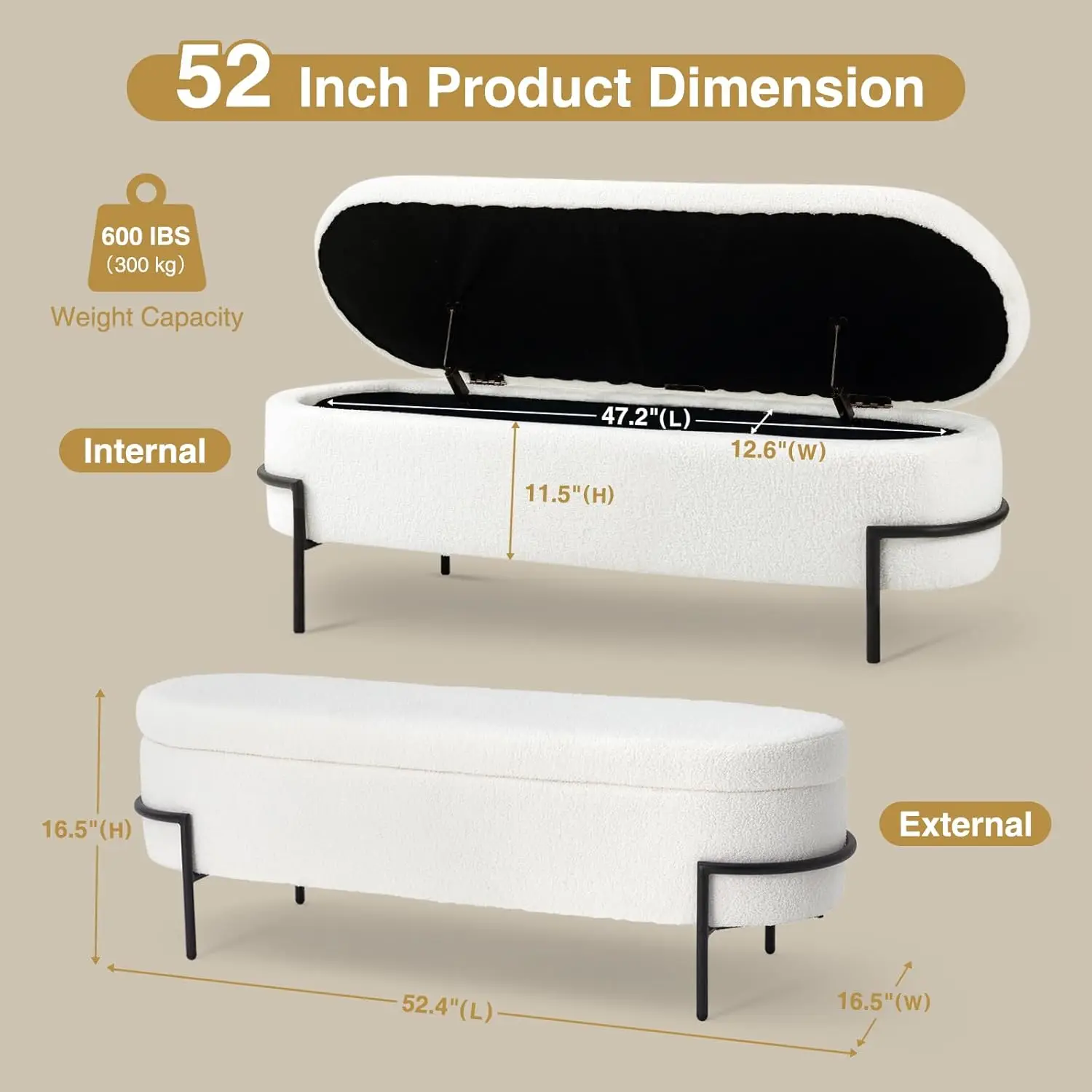 Sherpa Storage Bench, 52 Inch Bedroom Bench with Metal Stand and Hinges, Oval Storage Ottoman Bench, Bed Bench with Storage