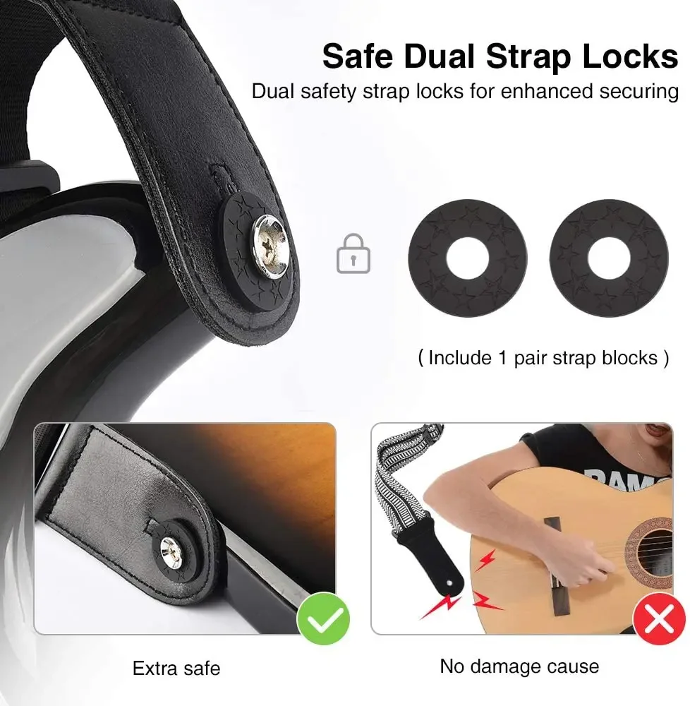 حزام جيتار Pro Safety - أطراف قفل جلدي مضاد للانزلاق وخياطة معززة، أدوات أثناء العروض المباشرة + اختيار التخزين