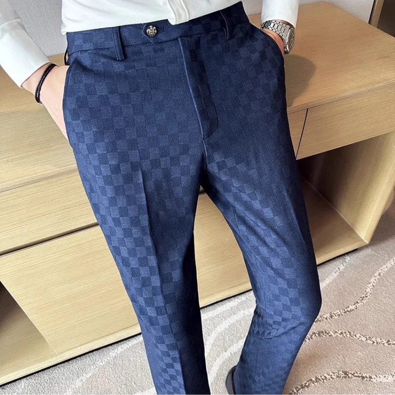 

Осень-зима, корейские клетчатые повседневные брюки, мужские облегающие деловые классические брюки, брюки высокого качества, офисные брюки для свадебной вечеринки