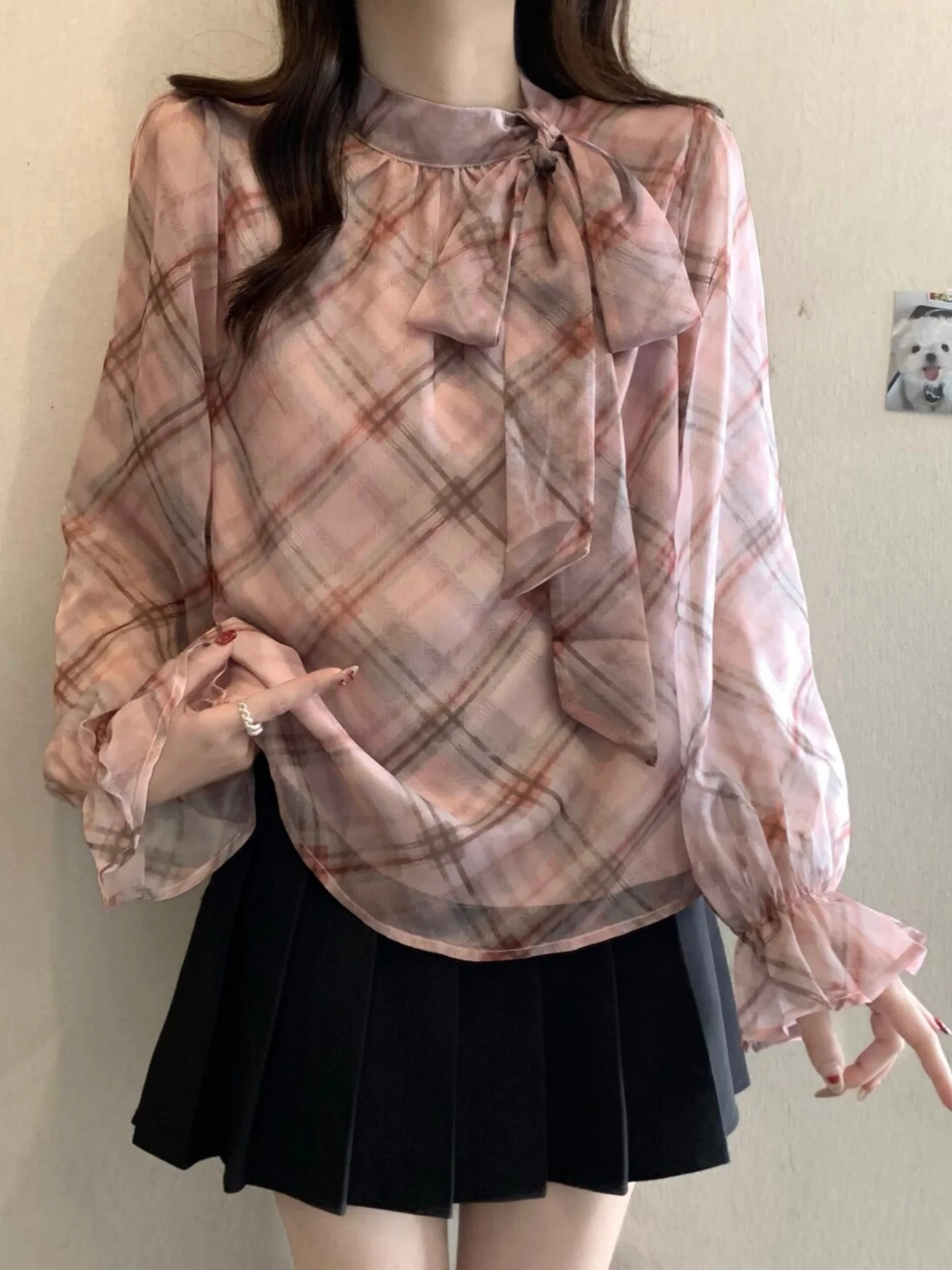 Retro Plaid Long Sleeve Base Shirt Women Spring Autumn plus Size  Knot Tie Top Slimming Ageless Korean Style Blouse
