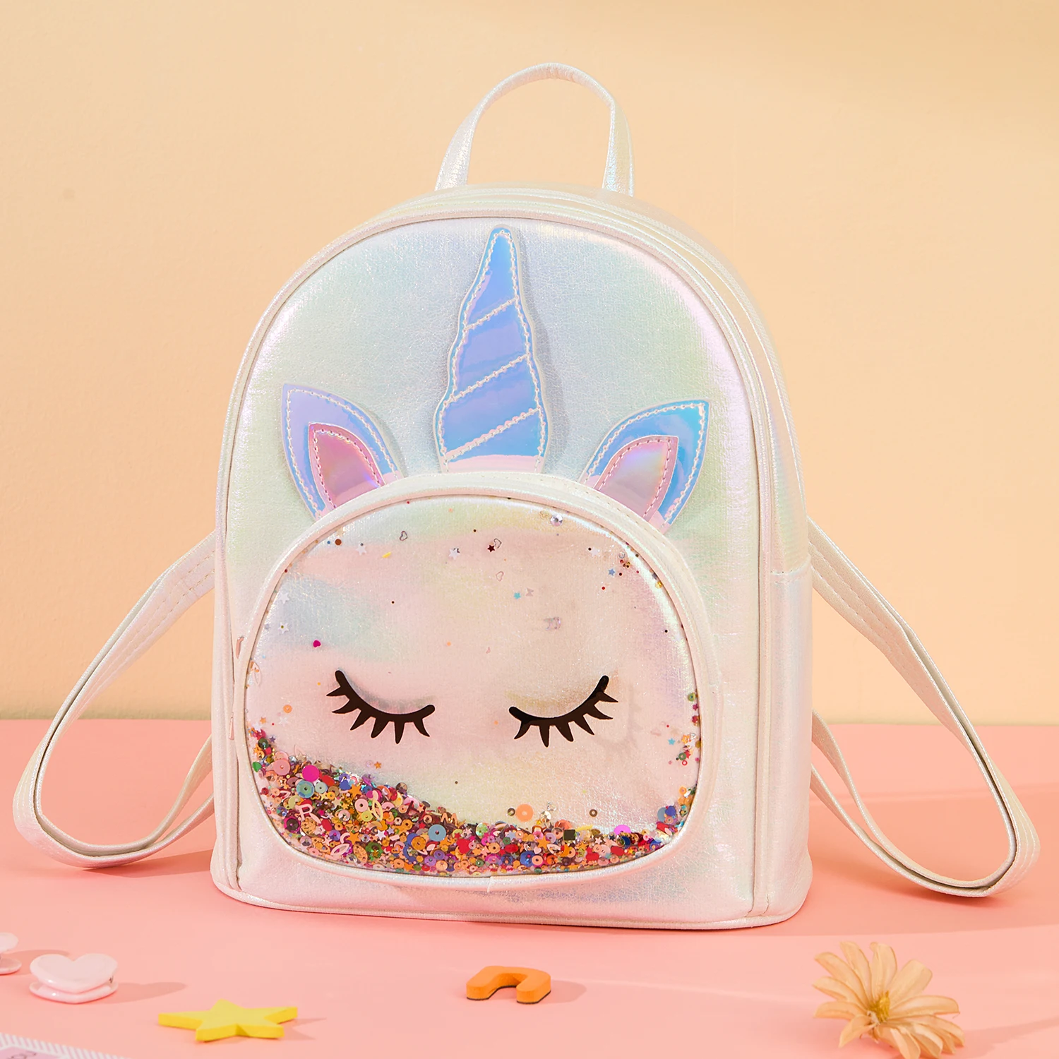 Girls unicorn PU backpack with zipper closure cartoon cute children\'s backpack suitable for holiday gifts and daily use