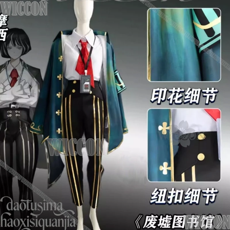 Fantasia Cosplay de Moisés do Jogo Limbus Company, Casaco Longo Verde Escuro, Calça com Listras Pretas e Brancas, Uniforme Gótico, Peruca, Halloween, Cosplay, Natal, Carnaval