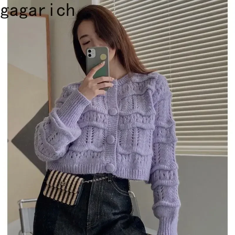 Gagarich Korean Spring New Women Purple Knitted Cardigan French Short Crewneck Sweater Jacket Lady Casual Caridgan Top