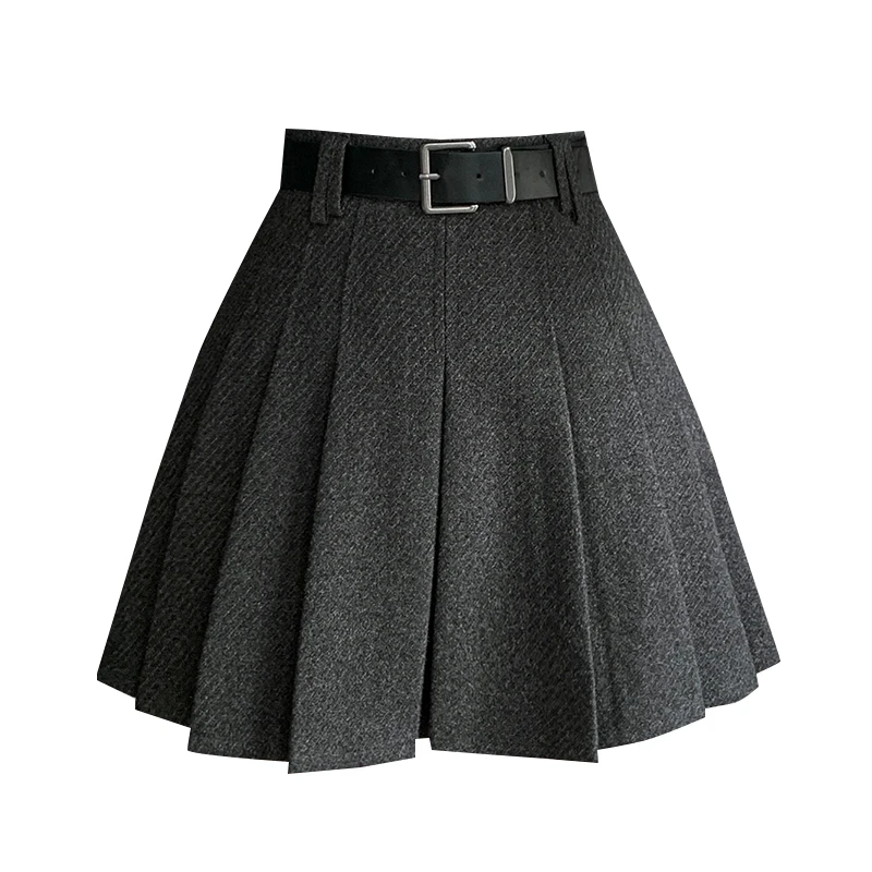 Vintage Winter Pleated Mini Skirt Women Streetwear High Waist Woolen Cute Skater Skirts With Shorts Belt Grey Black Skirt Woman