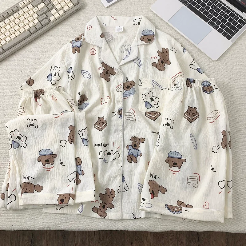 

Summer New Fashion Dog Cute Print Plus Size 3 Piece Set Women's Pajamas Cartoon Korean Style Pajamas Set Kawaii Casual Sleepwear