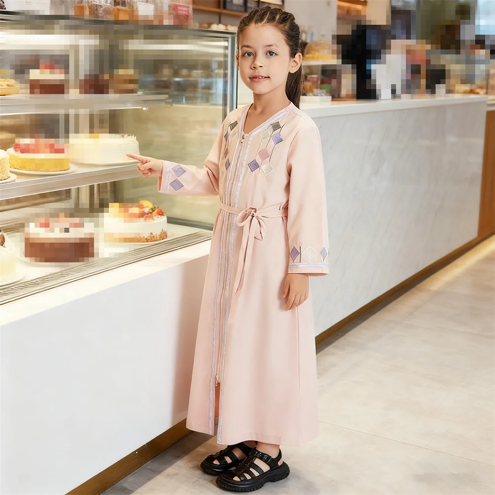 

Детское мусульманское платье с вышивкой Абая, длинное платье макси, Турция, арабский ислам, Ид, кимоно с открытой молнией, молитвенное платье Дубай, кафтан, Рамадан