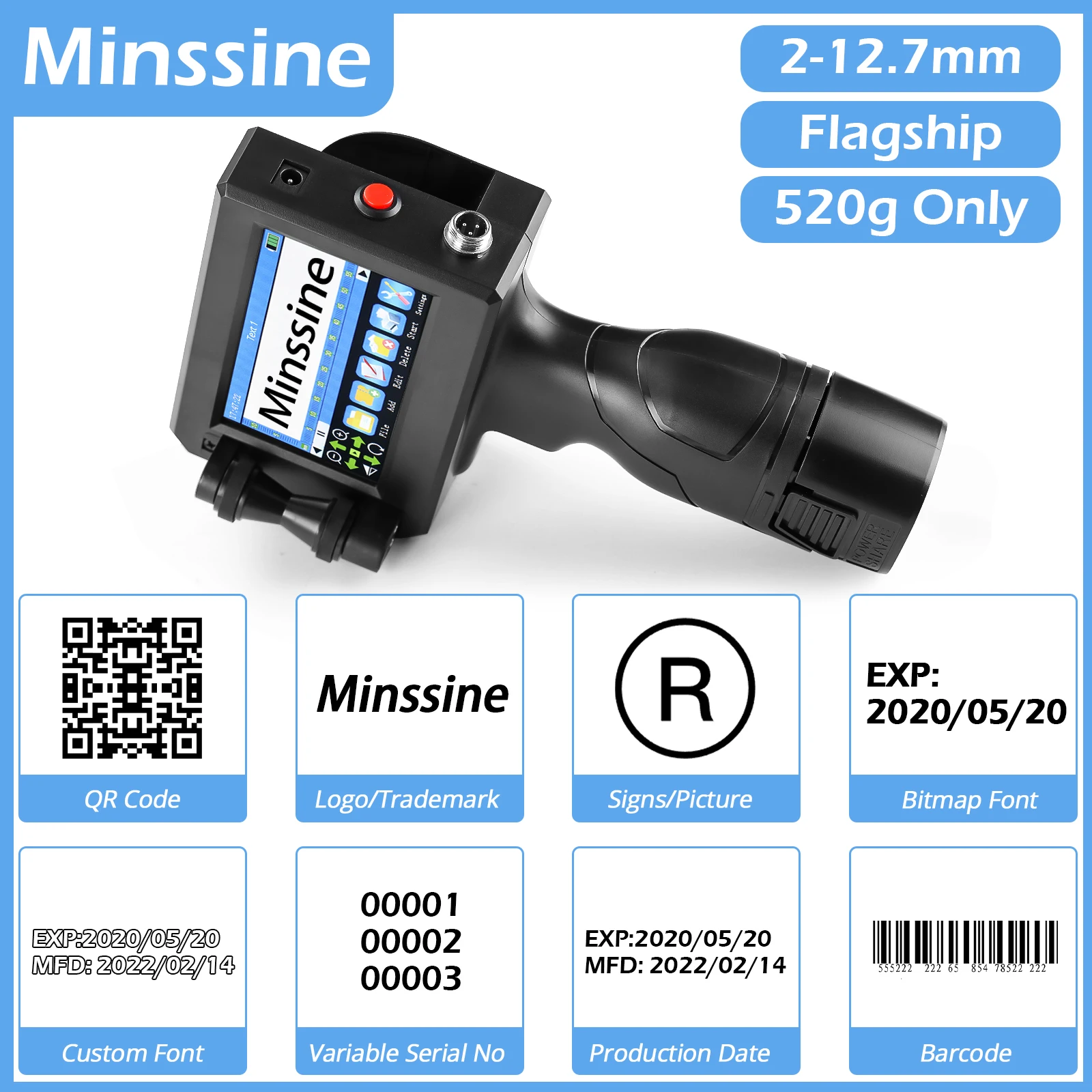 Pistolet d'imprimante portable à jet d'encre, déterminer le numéro de lot de codes-barres QR, logo, date d'expiration, étiquette, 25 langues, 12.7mm