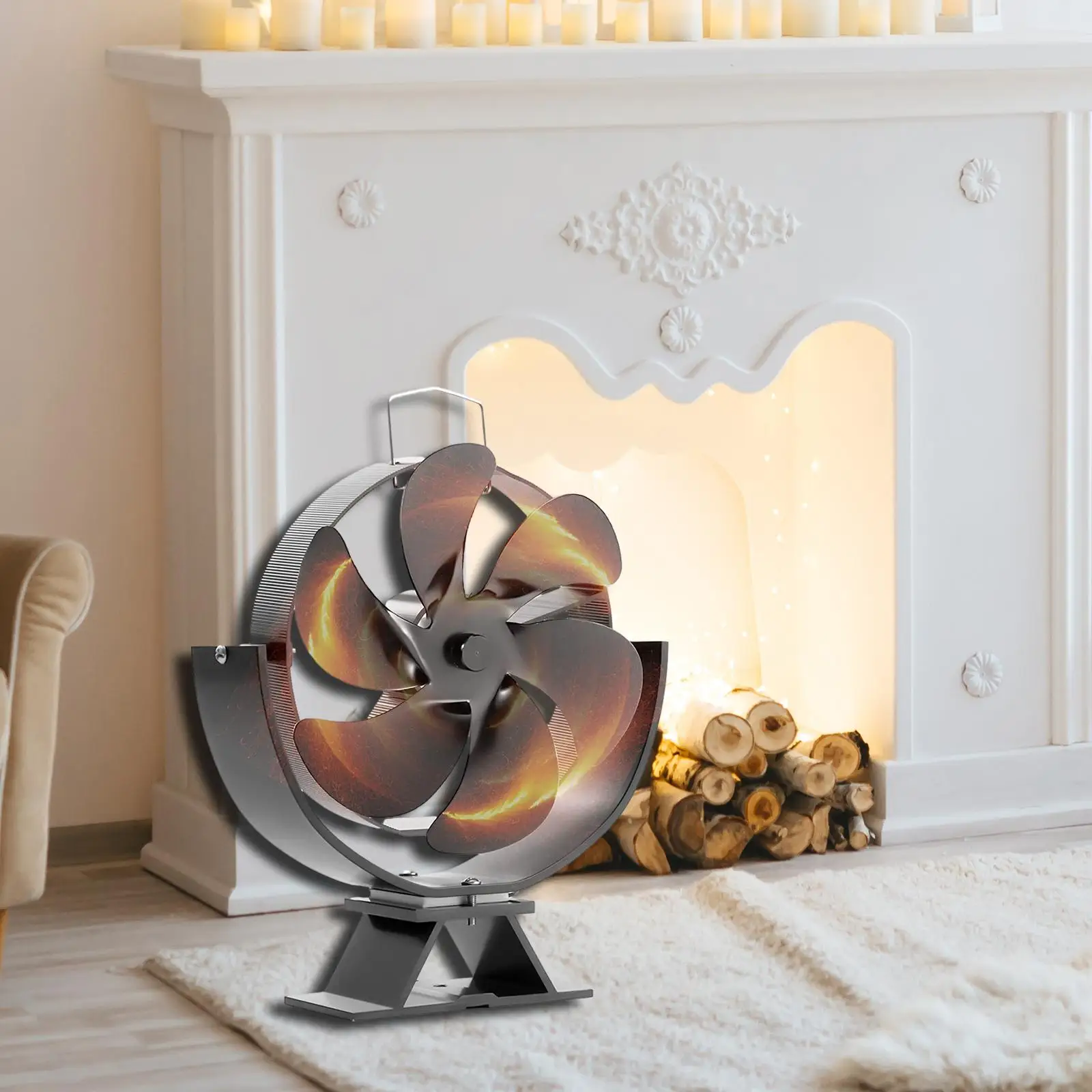Ventola alimentata a calore ventola per camino a 6 pale silenziosa inferiore a 25db ventola per bruciatore a legna a risparmio energetico materiale in alluminio da corsa silenzioso