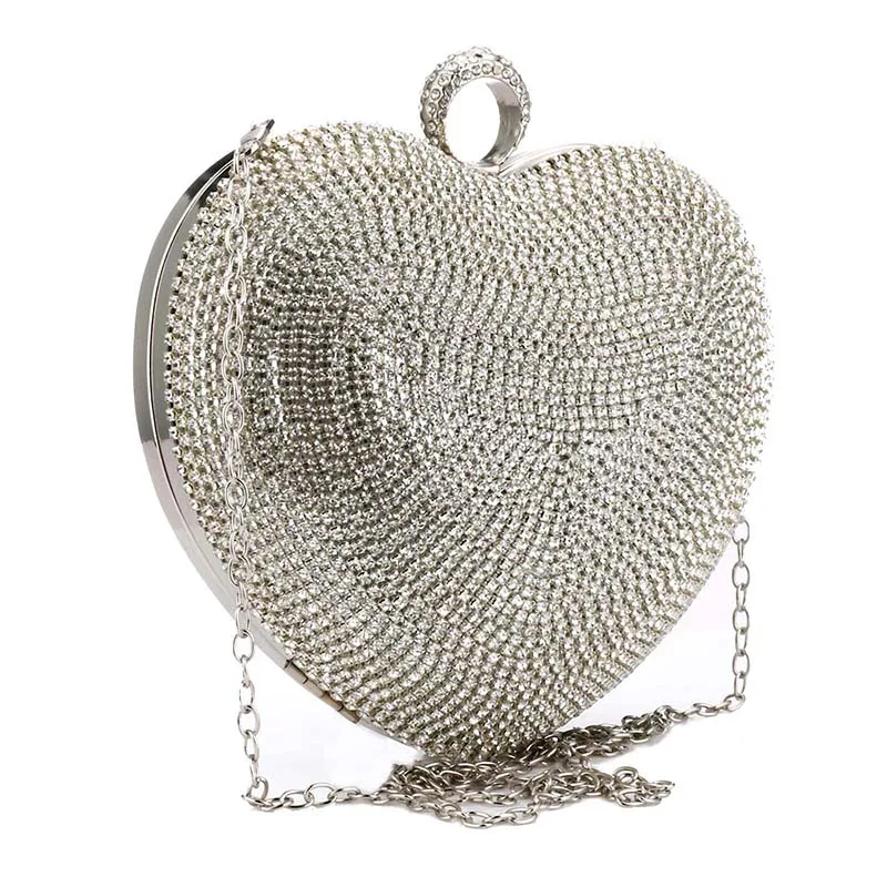 

Luxury Diamond Heart Shaped Evening Bag Fashion Chain Crossbody Bag Silver Rhinestone Handbags Women Party Clutch Wedding Purses