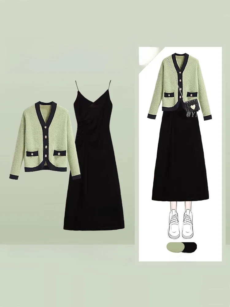 

Модный женский осенний комплект: вязаный кардиган с длинным рукавом и V-образным вырезом, платье на бретелях, двухцветный комплект из двух предметов, универсальный стиль.