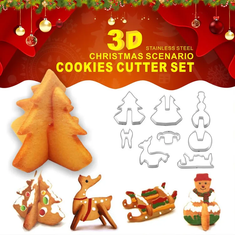 8pcs Christmas Cookie Mold Stainless Steel 3D Stereoscopic Reindeer Christmas Tree DIY Cookie Mold Cartoon Creative Baking Tool