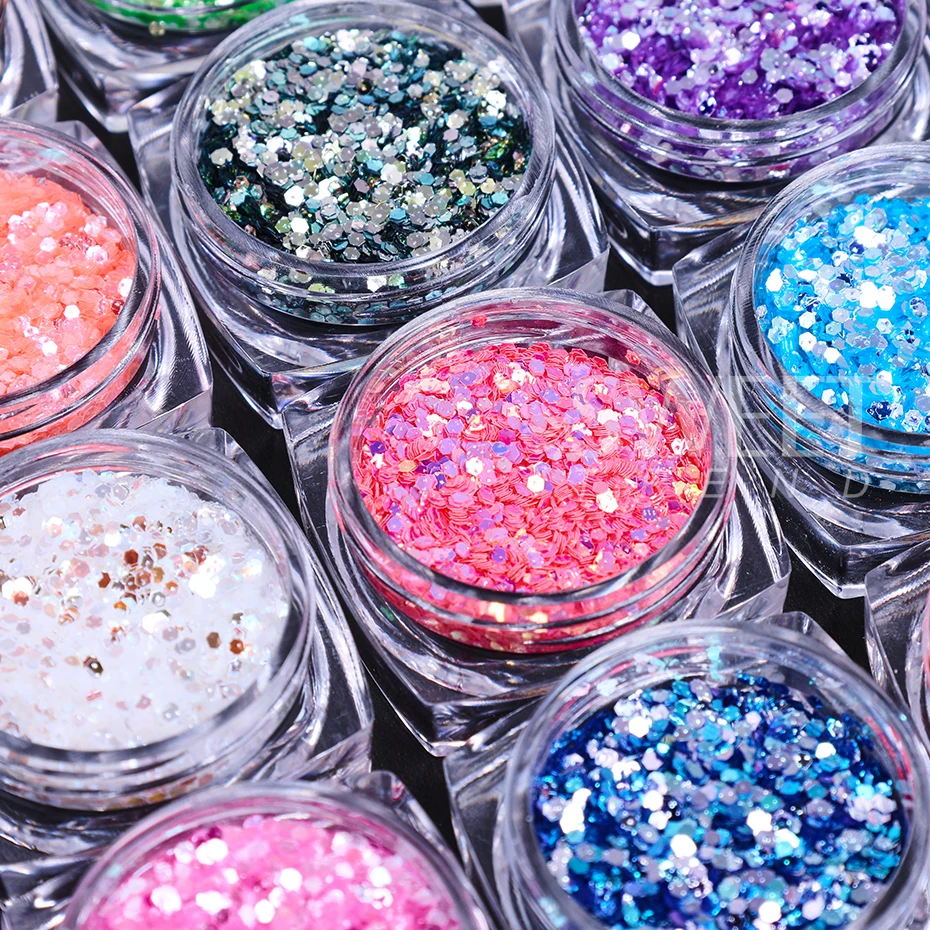 12 ألوان المجسم سداسية مسمار بريق الترتر رقائق البريق الصغيرة شرائح سبانجلز مانيكير اكسسوارات الديكور مستلزمات الأظافر