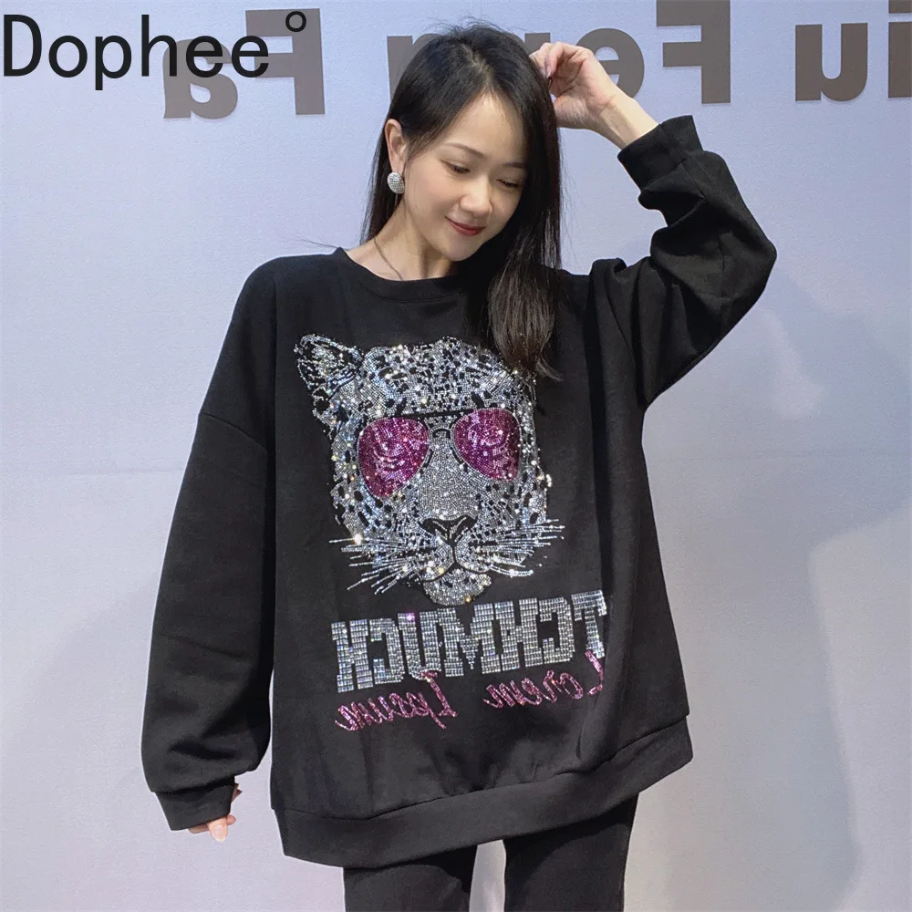 

Handsome Leopard Hot Drilling Women Sweatshirt New Autumn Fashion Mid-long Couple Hoodies Round Neck Long Sleeve Casual Pullover