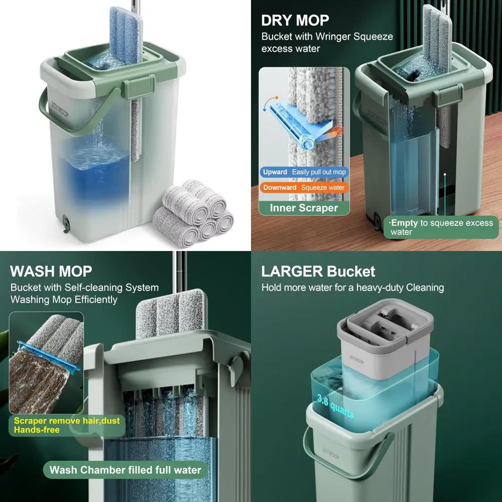 

Microfiber Mop Set with Long Handle for Floor and Wall Cleaning, Includes 5 Mop Pads, Green Bucket Set