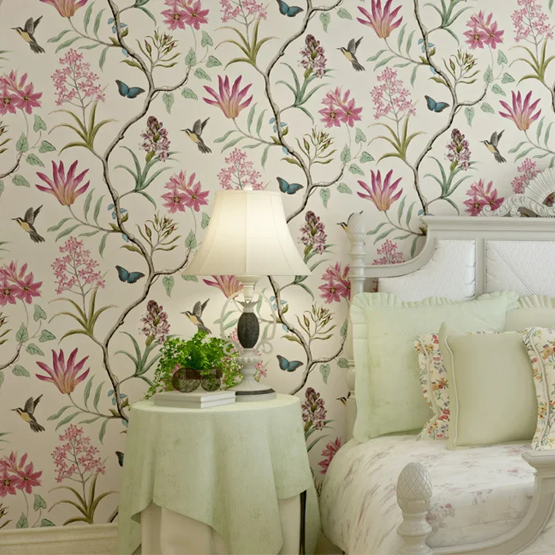 

Printed wallpaper Garden flower and bird pattern non woven wallpaper bedroom living room background wall shop wallpaper W58