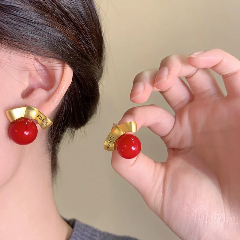 

Trendy Temperament Bow Red Bead Studs - 2026 New Paris Design Earrings for Women