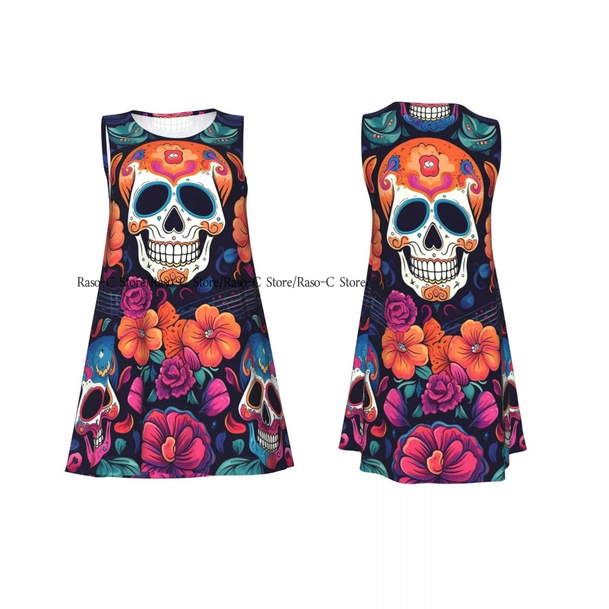 レディースドレス死者の日スカルサマーカジュアルTシャツビーチカバーアップタンクドレス
