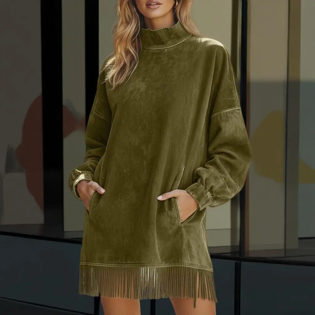 

Женское замшевое платье с высоким воротником, свободное платье с кисточками и длинными рукавами, женское однотонное платье с карманами длиной до колена