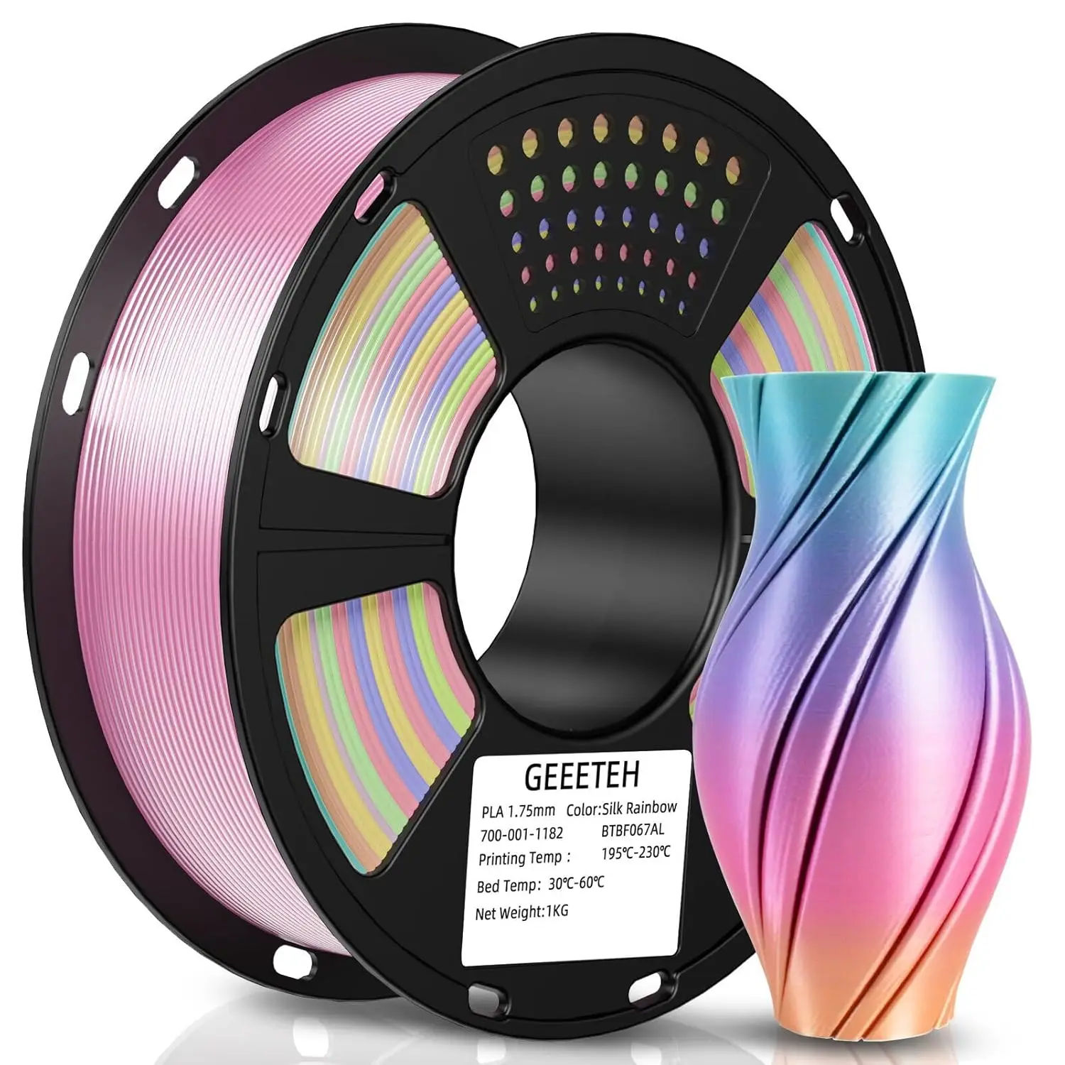 

Silk Rainbow PLA Filament 1.75mm, 3D Printer Multicolor Filament, Color Changing 1kg (2.2lbs) Spool, Dimensional Accuracy +/- 0.02 mm