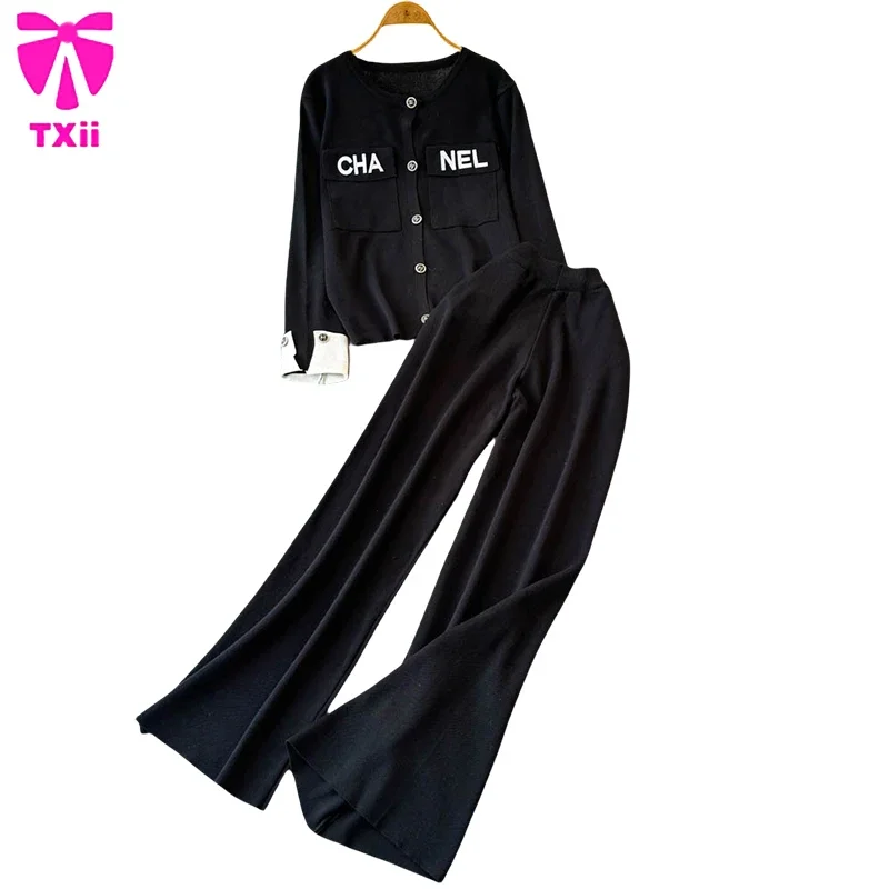 TXii Fashion suit Women's Winter New Round Neck Knitted Long-sleeved Top High Waist Slimming Wide-leg Pants Casual Two-piece Set