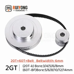 2GT Timing pulley set 3:1 reduction ratio transmission component 60T 20Teeth Belt Width 6mm Bore 3~14mm GT2 Pulley Belt Kit