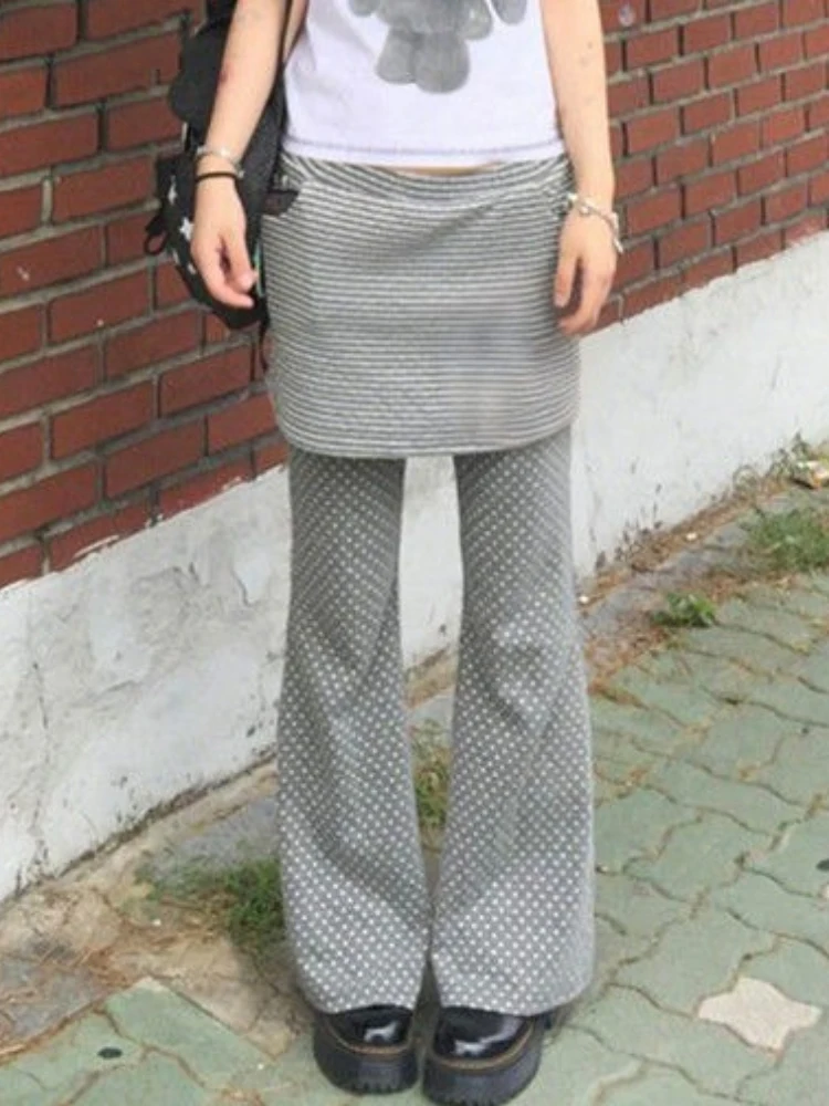 

Y2k Эстетические гранж-поддельные женские брюки из двух предметов в стиле пэчворк, расклешенные брюки в горошек, винтажные брюки в стиле Харадзюку с высокой талией