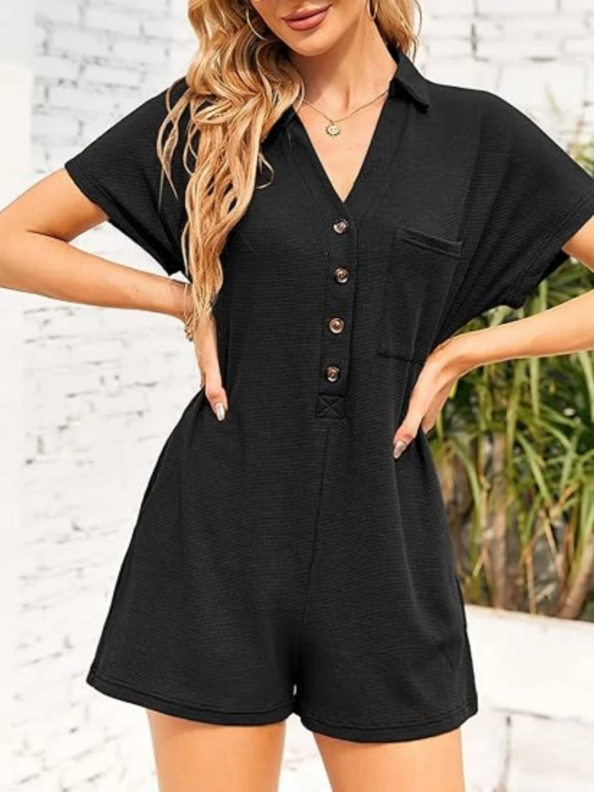 

V Neck Button Romper Women Casual Long Sleeve Playsuit Solid Color Short One Piece Jumpsuit Outfits Fashion Elegant Overalls