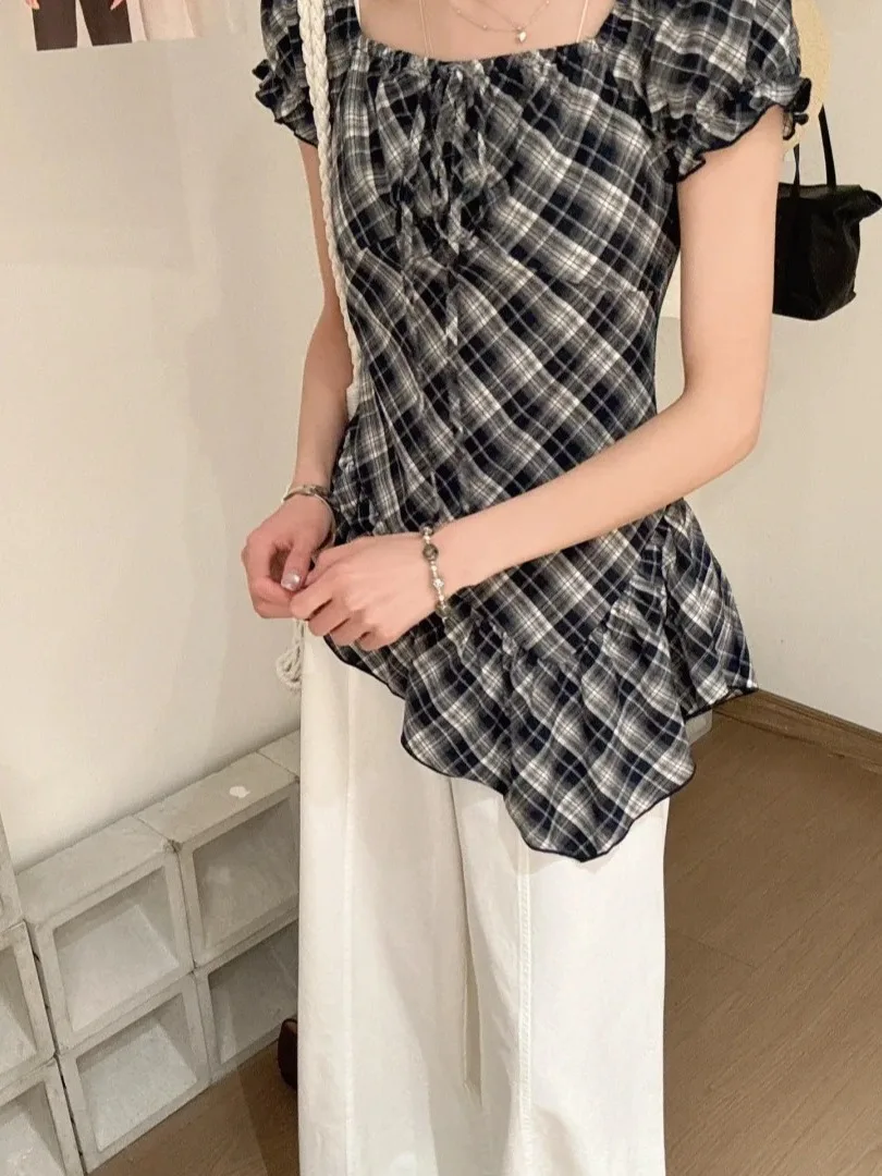 

Retro Square Collar Bubble Sleeve Plaid Short Sleeve Shirt Women Summer Korean Style Irregular Design Sense Top