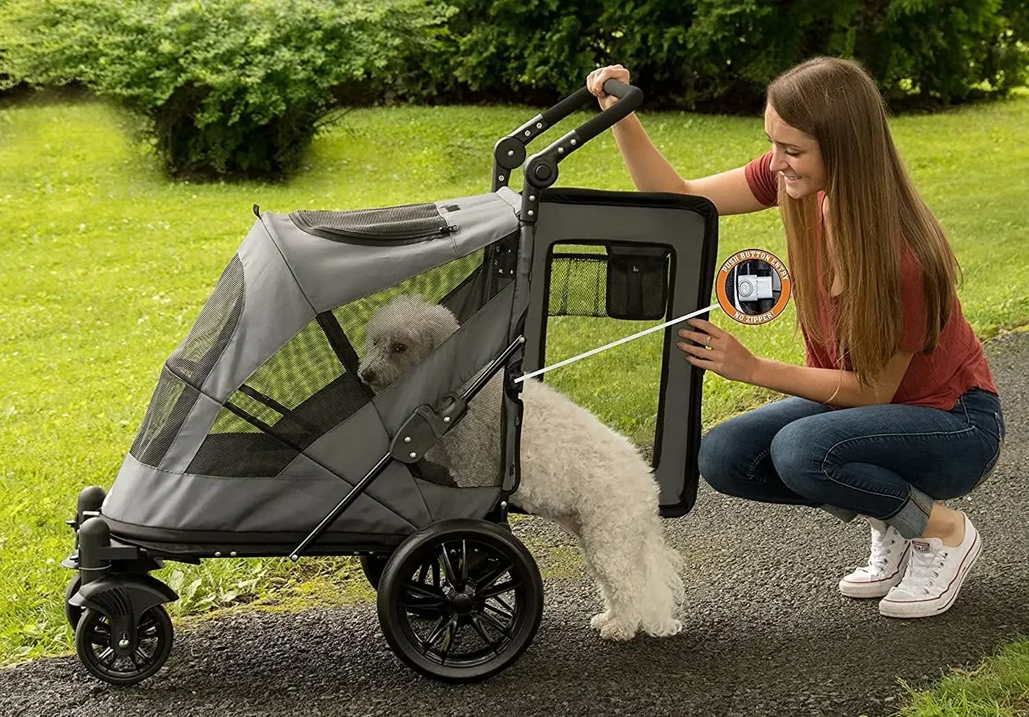 No-Zip carrinho de estimação com entrada dupla, botão, entrada Zipperless para cães simples ou múltiplos, gatos, não há necessidade de levantar, EUA