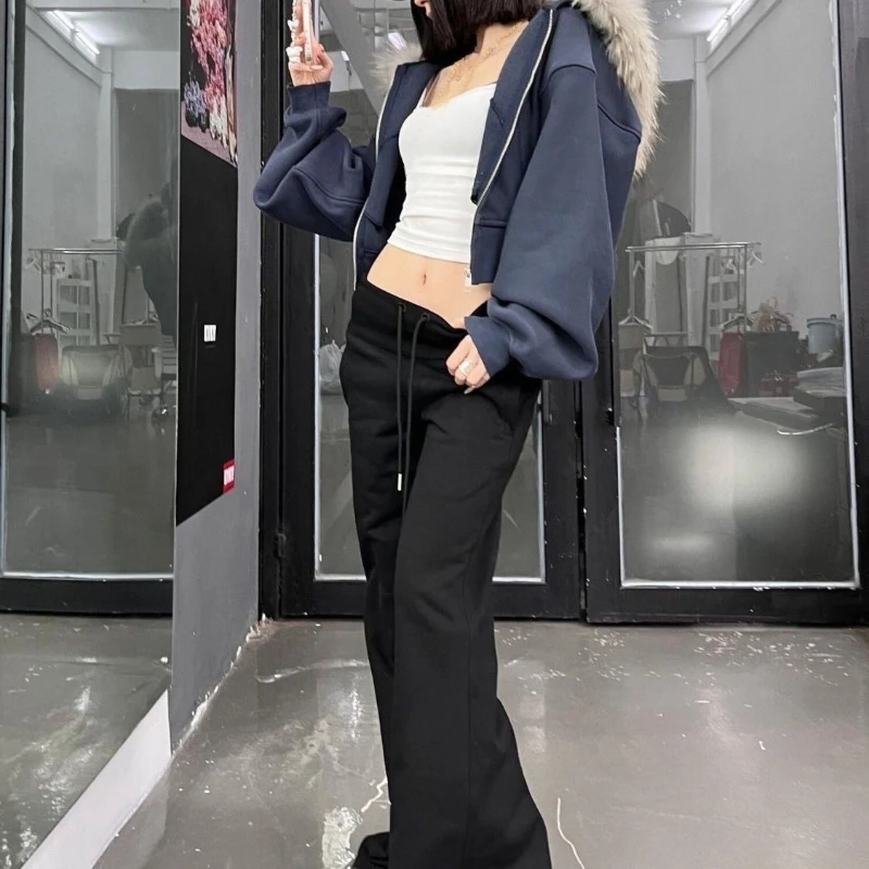 

American Vintage Outwear Zipper Letter Pattern Long Sleeve Pure Color Fashion Pocket Subculture Short Hooded Spicy Y2k Autumn