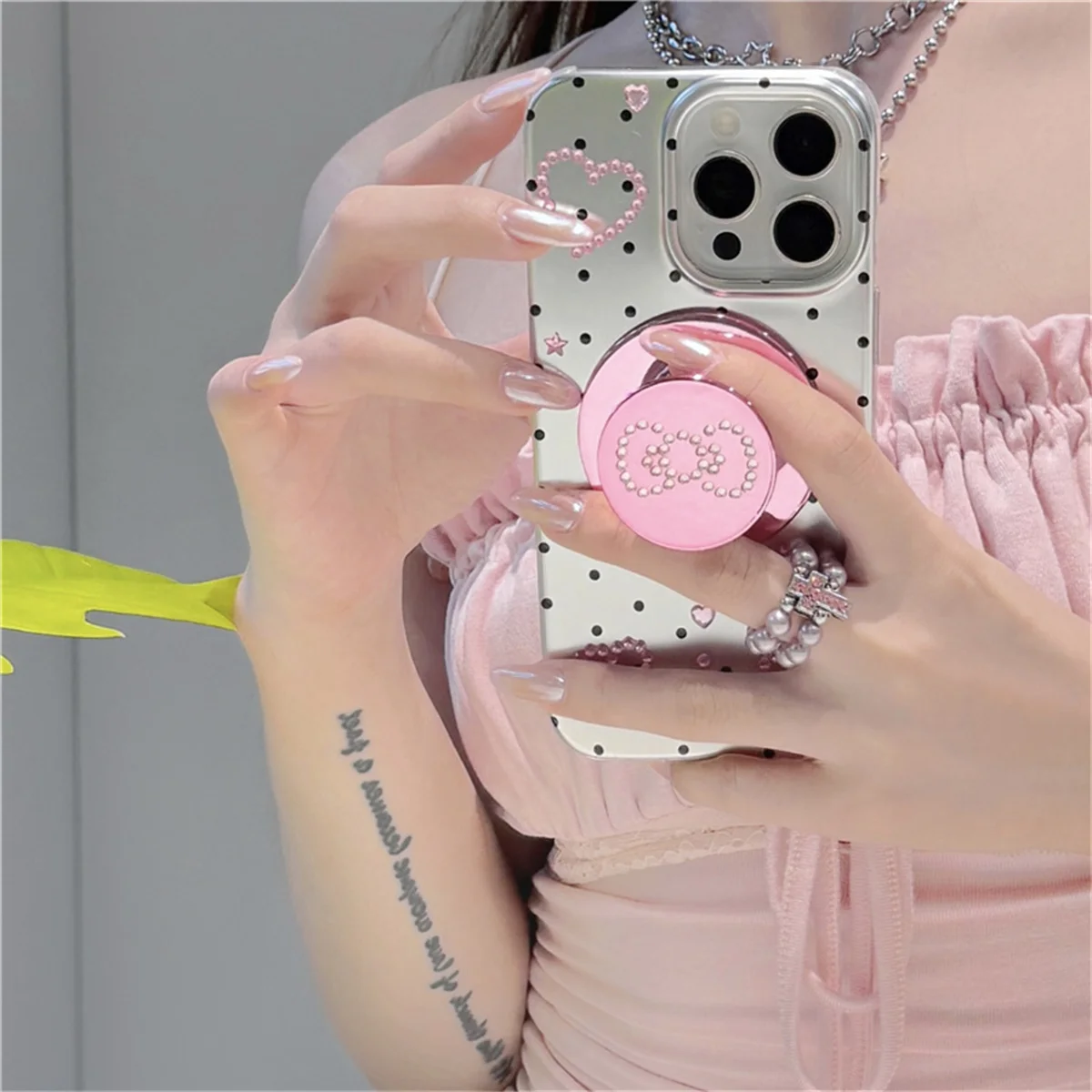 

Fashion Silver Polka Dot Phone Case For iPhone 16 Pro 15 14 Pro Max Cover with DIY Diamond Bow Stand Holder Cases Funda