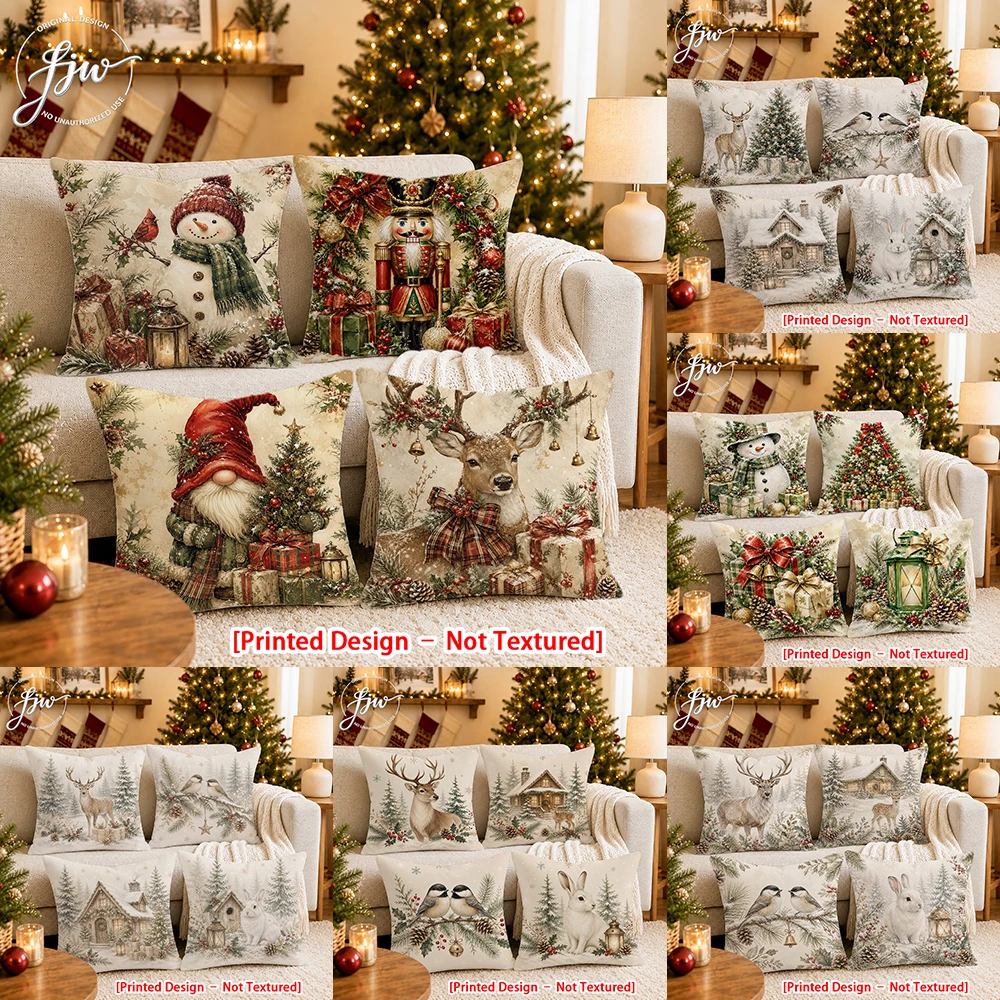 [Printed Design – Not Textured]-4pcs Vintage Christmas Throw Pillow Covers Decor Set New Year party decoration cushion Cover