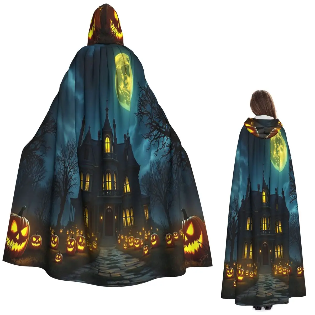 

Жуткий особняк на Хэллоуин со светящимися тыквой, длинный плащ с капюшоном, средневековый костюм ведьмы, накидка для косплея, пальто на Хэллоуин для взрослых, унисекс