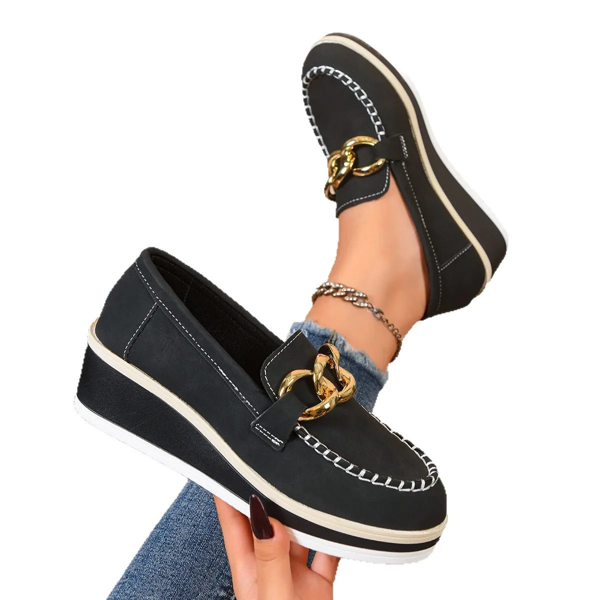 Women Platform Loafers Ladies Elegant Suede Leather Moccasins Shoes Woman Slip On Moccasin Women's Black Casual Shoes view 5