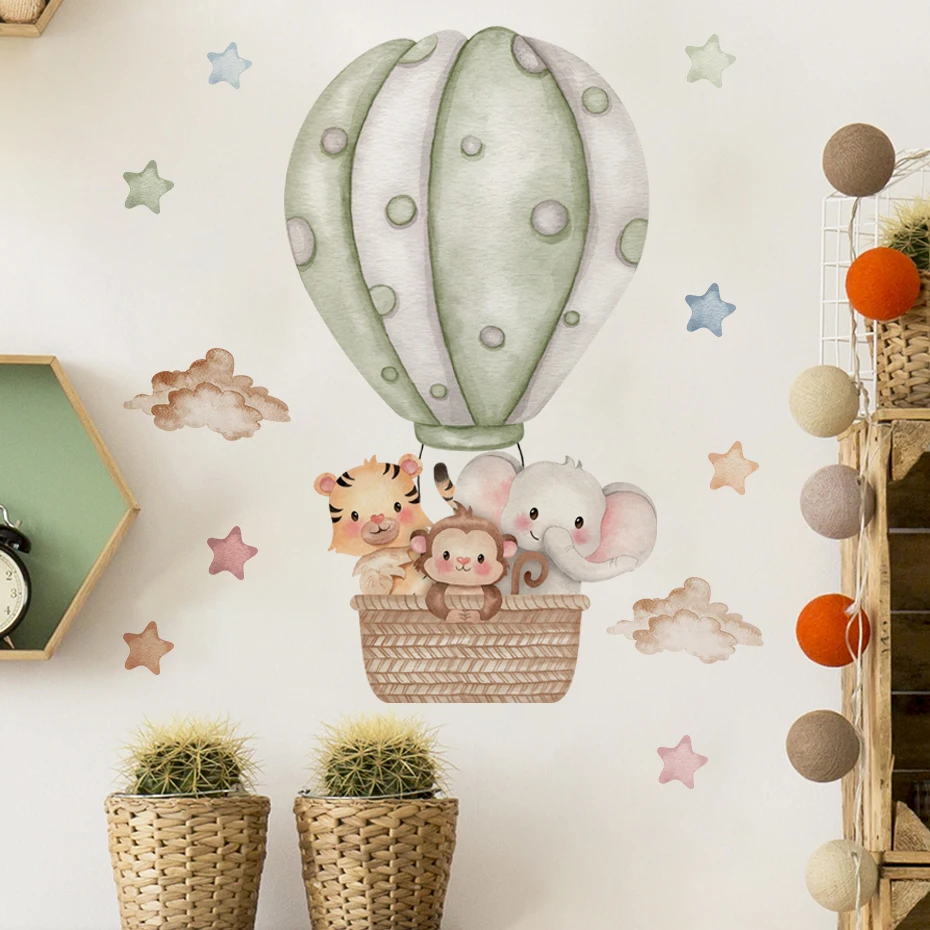 Watercolor Cartoon Hot Air Balloon Aniamls Star Stickers Nursery Wall Decals Art For Baby Kids Room Wholesale Home Decor