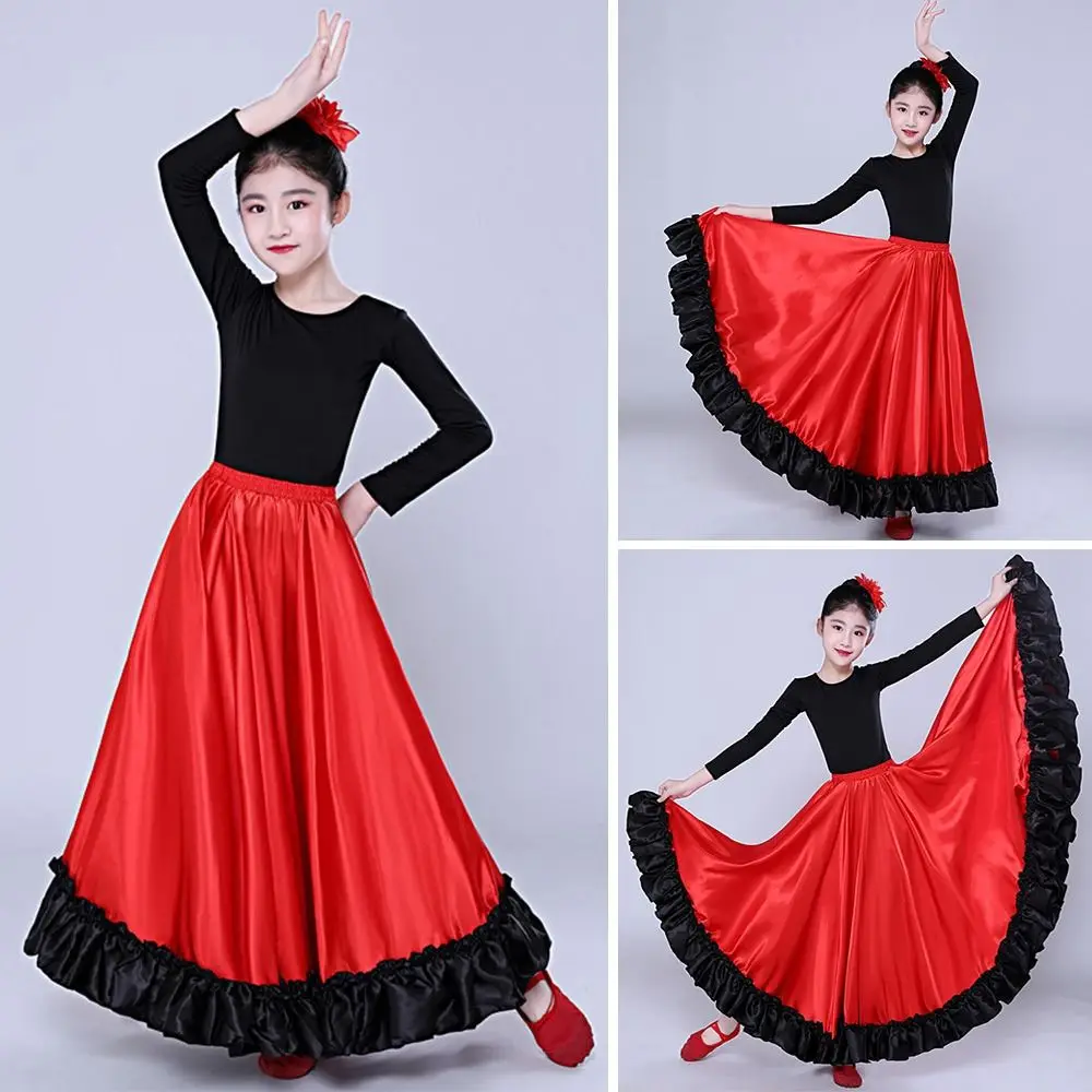 Smooth Kids Spanish Paso Doble Skirt Polyester Big Swing Flamenco Dance Skirt Performance Carnival Dress Latin Dance Costume